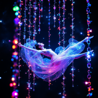 A dancer, adorned in shimmering fabric, gracefully suspended among vibrant, glowing chains, embodies the essence of freedom within the constraints of captivity.