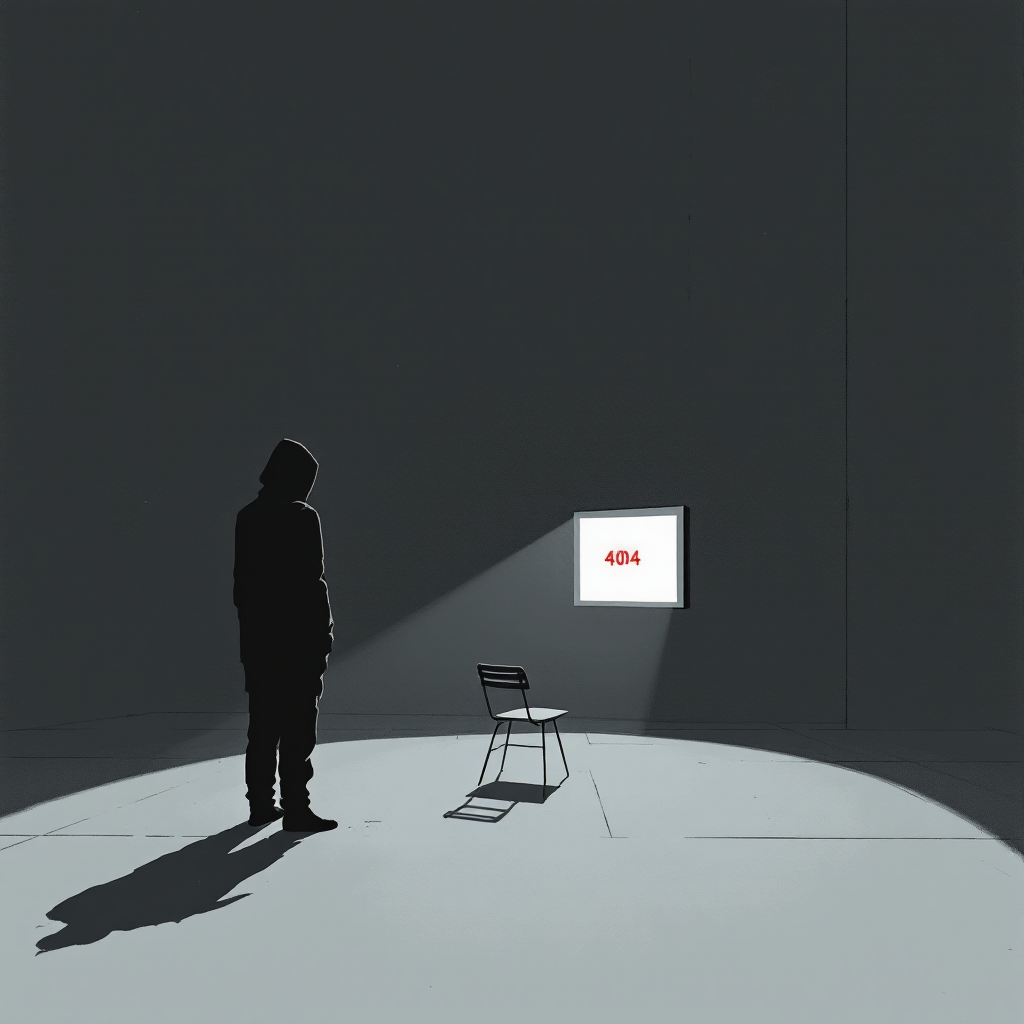 A figure stands in darkness, facing a brightly lit screen displaying 404, symbolizing the loss of access to information and its impact on scientific inquiry.