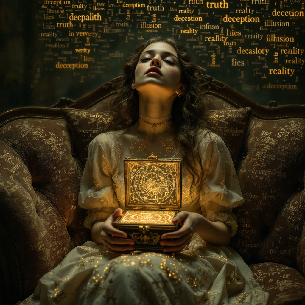 A woman in a vintage dress sits on an ornate couch, holding a glowing box. Words like truth and deception float in the background, evoking the tension between comfort and pain.