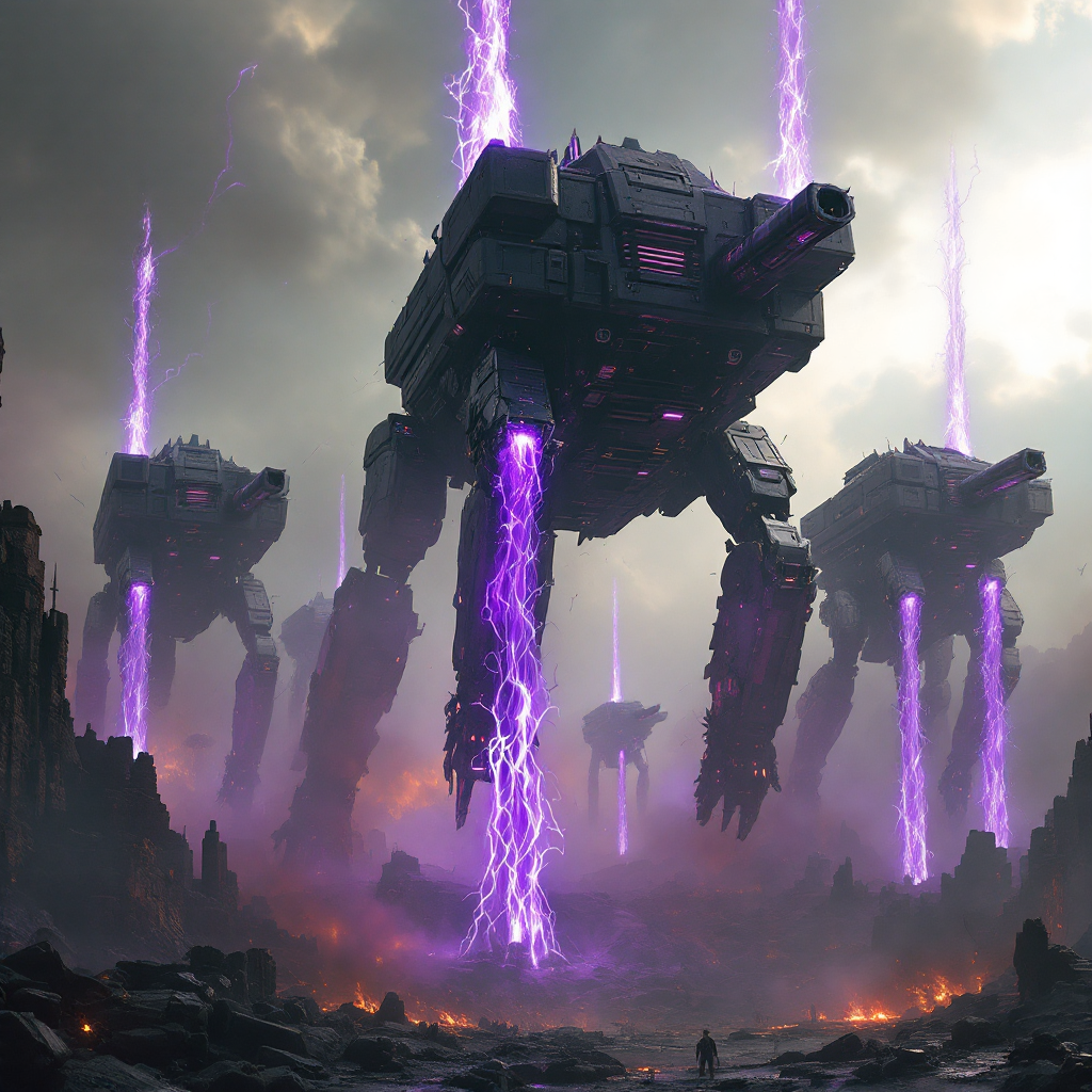 Three enormous, armored machines rise from fiery debris, emanating violet flames. They resemble dinosaurs, with blunt heads and protruding cannon barrels, surrounded by shimmering force fields.