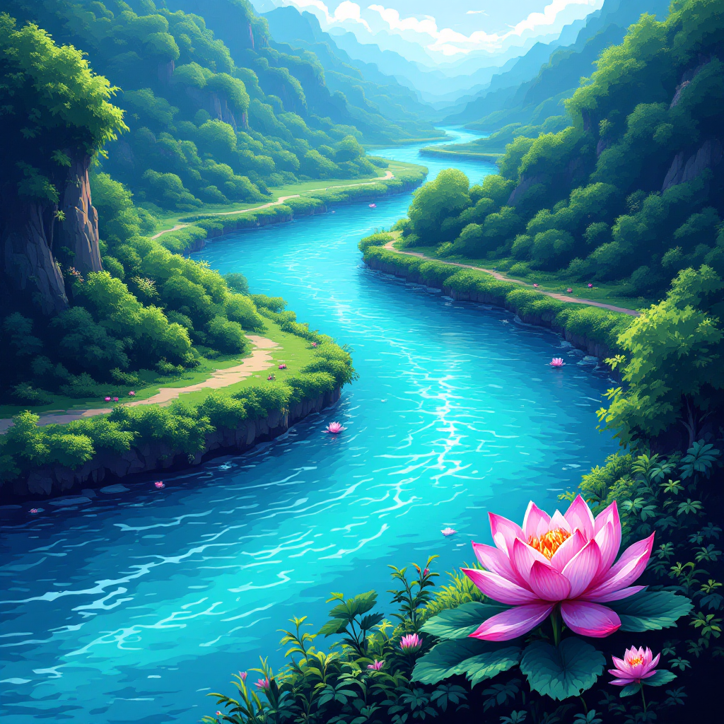 A tranquil river meanders through lush mountains, with a vibrant pink lotus flower in the foreground, embodying the quote about hope flowing until it bursts its banks.