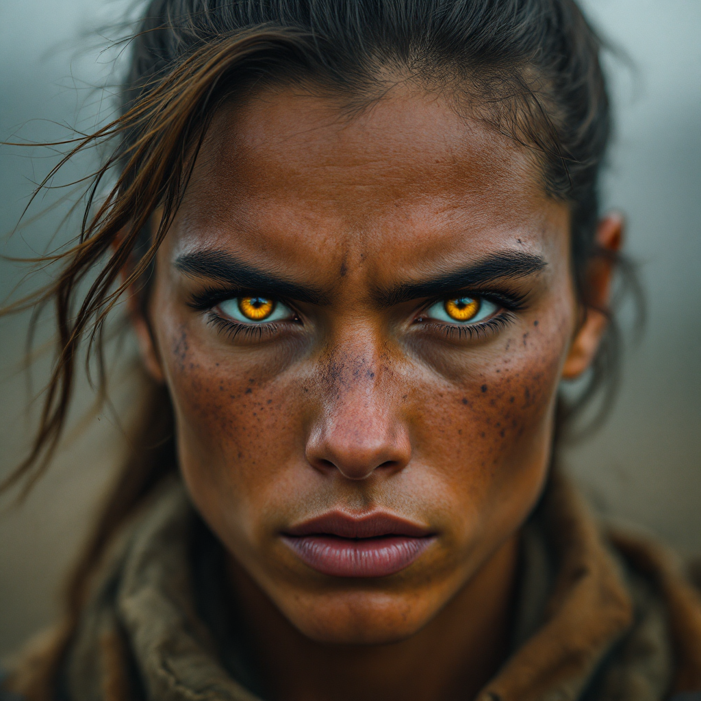 A determined young woman with freckles and striking golden eyes stares intently, embodying resilience and strength in the face of adversity, showcasing the spirit of humanity.