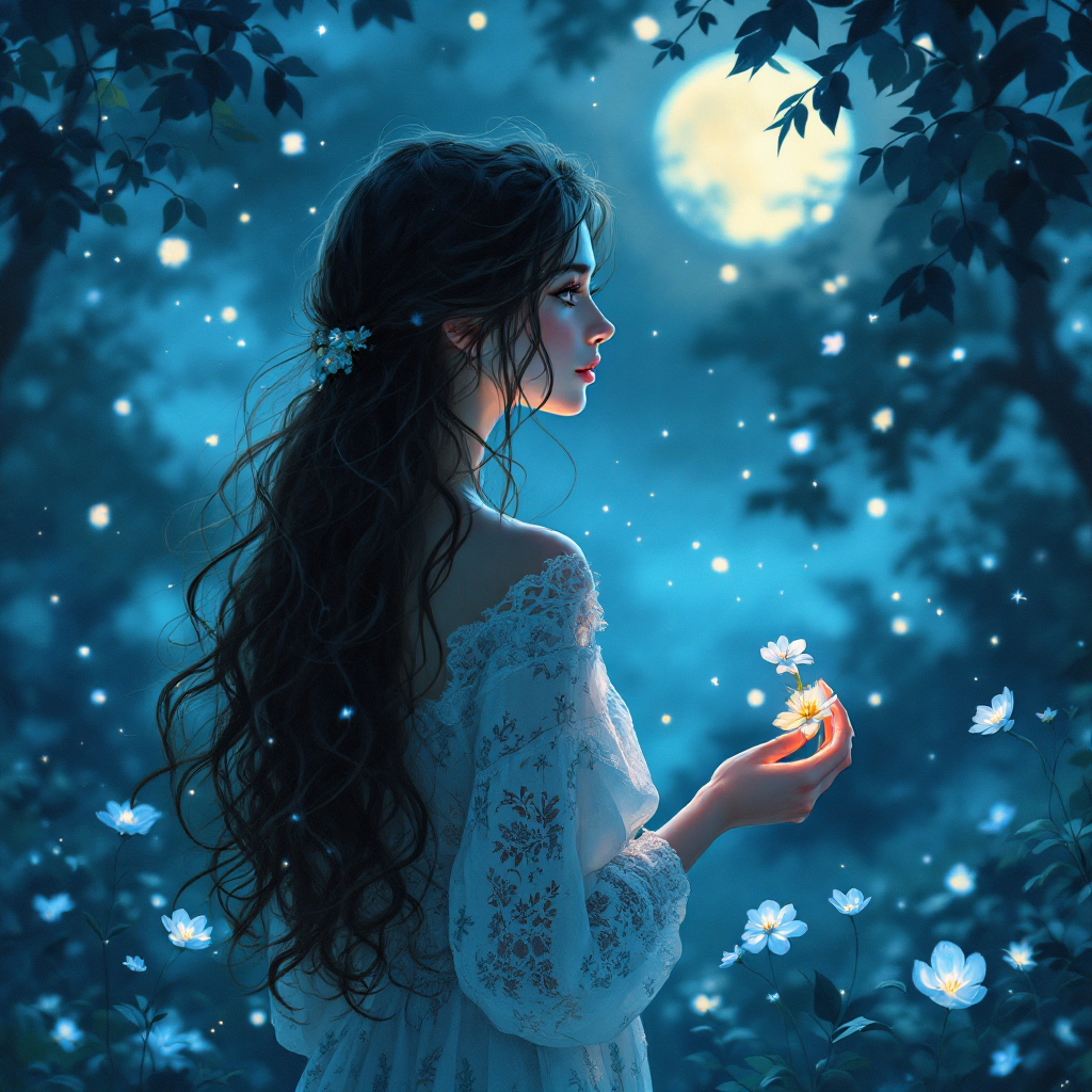 A young woman stands in a mystical night setting, surrounded by glowing flowers and soft light, holding a small blossom, embodying a sense of introspection and longing.