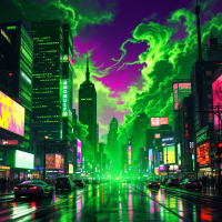 A vibrant city street at night, illuminated by neon lights and green smoke swirling ominously above, reflecting a mood of determination from the quote, I was not going to let that happen.