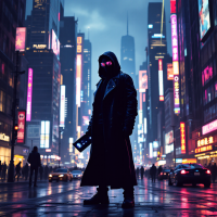 A figure in a long coat stands in a vibrant, neon-lit cityscape, embodying the struggle against societal expectations, illuminated by colorful billboards and a moody atmosphere.