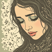 A close-up illustration of a woman with long, flowing hair, sorrowful eyes, and a gentle expression, surrounded by delicate vines, embodying the complexities of love and pain.