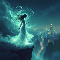 A ghostly figure in a flowing white dress stands on a cliff, surrounded by swirling energy, gazing over a glowing cityscape at night, embodying the dual nature of fear.