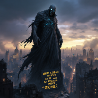 A shadowy figure stands atop a city skyline, embodying resilience with glowing blue eyes. The quote What is dead may never die, but rises again, harder and stronger appears boldly in the foreground.