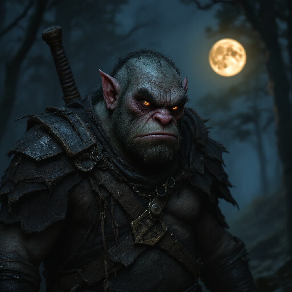 A grumpy, angry orc stands in a dark forest under a full moon, wearing rugged armor and a scowl, embodying a sense of weariness and frustration.