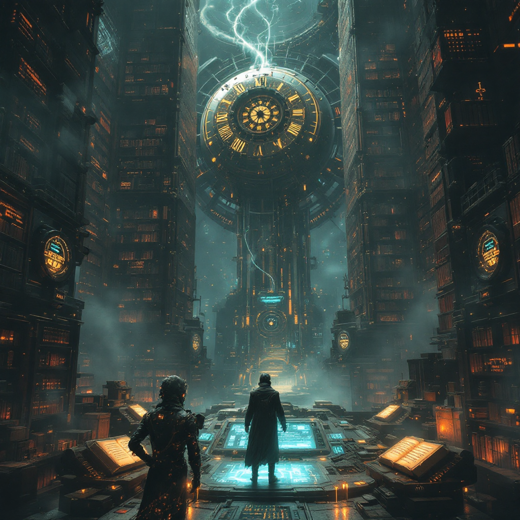 A mysterious library filled with towering bookshelves, illuminated by glowing clocks and electric currents, embodies the quote, The books are to remind us what fools we are.