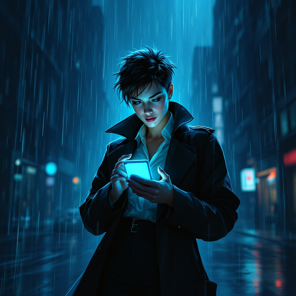 A mysterious figure stands in the rain-soaked street at night, wearing a dark trench coat and holding a glowing phone, embodying the essence of solving mysteries.