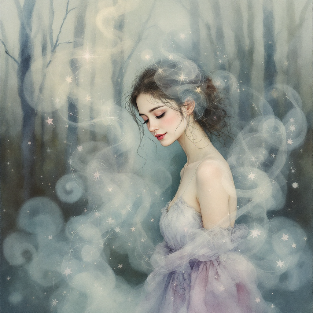 A serene figure in ethereal clothing stands amidst a misty forest, soft wisps of memory swirling around her, embodying the dual nature of remembrance—joy and burden intertwined.