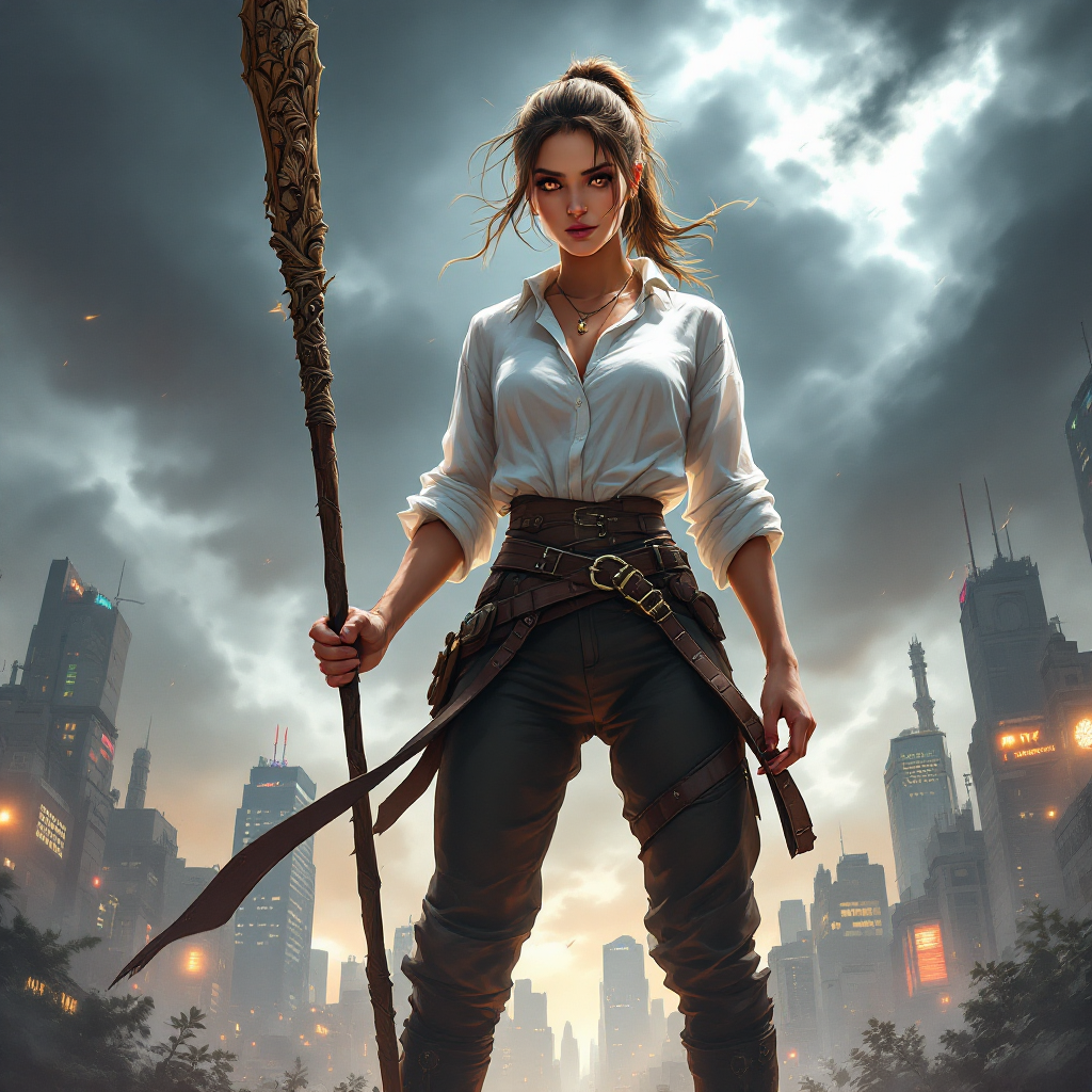 A determined figure stands confidently in a futuristic city, wielding a staff, embodying the call for action and resistance in the battle for a better future under a dramatic sky.