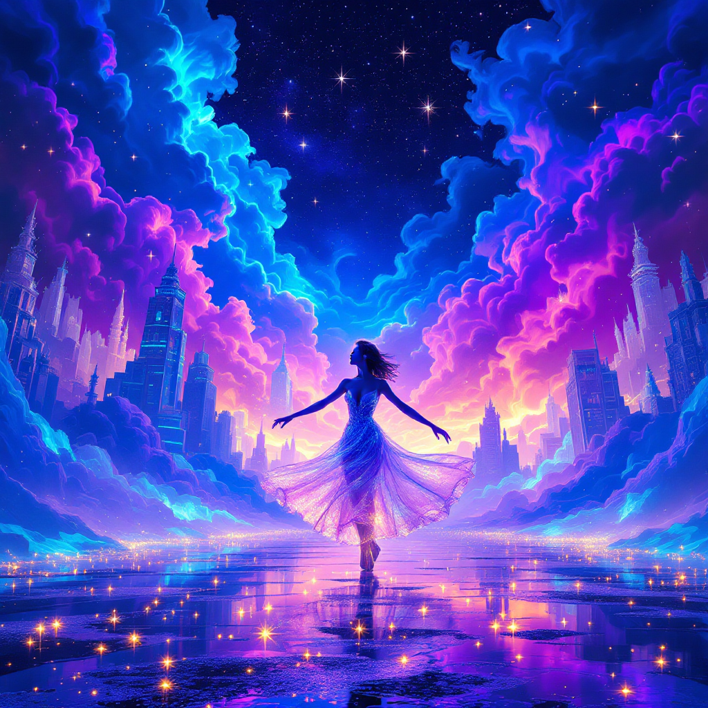 A figure dances with outstretched arms against a vibrant, colorful landscape filled with swirling clouds and shining stars, embodying the quote about life as a grand stage.