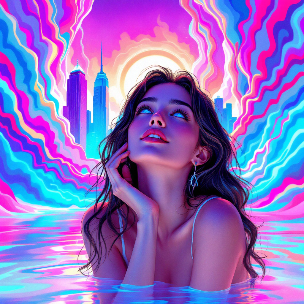 A woman at water's edge gazes dreamily upward, surrounded by vibrant, swirling colors and a glowing skyline, embodying the quote about self-deception and belief.