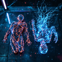 An illuminated figure composed of orange particles kneels beside a blue figure, appearing disintegrated, illustrating the concept that live and dead bodies share identical particles.