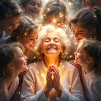 An elderly woman joyfully surrounded by children, all smiling and radiating warmth, embodies the quote, The soul is healed by being with children, illuminated by a magical glow around them.