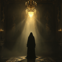 A cloaked figure stands in a dimly lit room, illuminated by a chandelier above. Rays of light pierce the shadows, embodying the idea that light can be found in unexpected places.