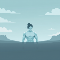 A muscular figure stands in shallow water, surrounded by a serene landscape of mountains and clouds, embodying strength contrasted with a sense of isolation.