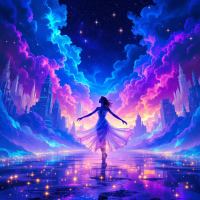 A figure dances with outstretched arms against a vibrant, colorful landscape filled with swirling clouds and shining stars, embodying the quote about life as a grand stage.