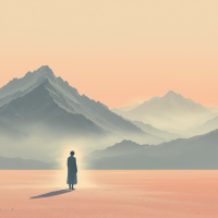 A solitary figure stands on a vast, serene landscape, surrounded by misty mountains, embodying the theme of unlearning and discovering in quiet reflection.