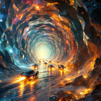 A vibrant tunnel of swirling colors and lights, with sleek cars racing towards a bright horizon, illustrating the quote about the future's dynamic nature and the past's permanence.