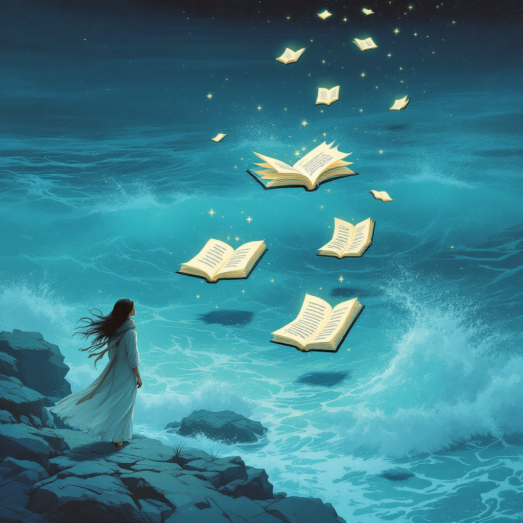 A figure in a flowing white garment stands on rocky shores, gazing at floating books illuminated in soft light, representing ideas cast into the sea of time, echoing a profound connection.