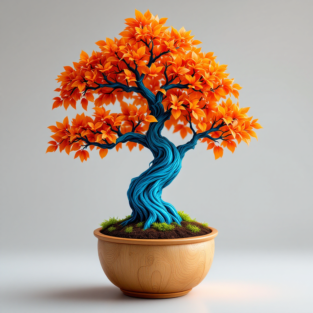 A vibrant potted worldtree sapling features a twisting blue trunk and bright orange leaves, resting in a wooden pot with green moss.