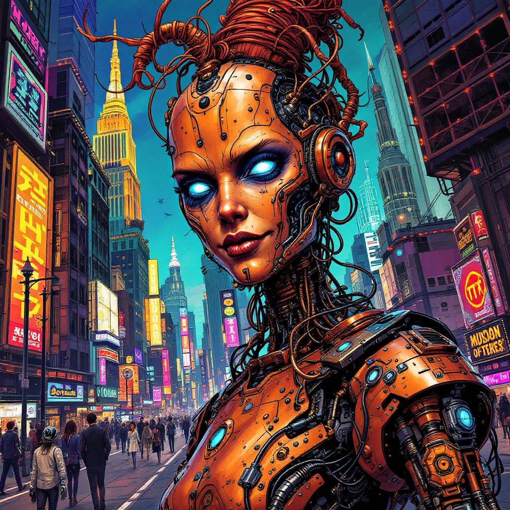 A futuristic humanoid figure with mechanical features stands in a bustling cityscape, embodying the blend of human and machine, reflecting the quote's essence.