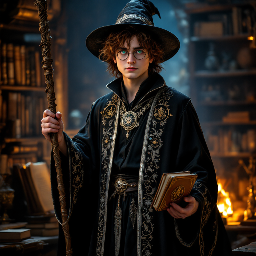 A young wizard stands in a dimly lit, book-filled room, wearing a flowing black robe and a pointed hat, holding a magical staff and a spellbook, embodying the quote, You're a wizard, Harry.