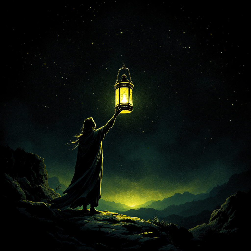 A figure stands on a rocky outcrop, holding a glowing lantern high against a starry night sky, symbolizing the power of understanding in conflict and the dangers of ignorance.