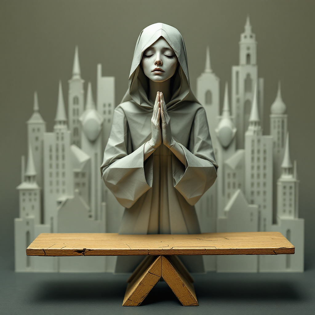 A solemn figure in a hooded robe with hands clasped in prayer stands before a stylized cityscape, embodying the complex nature of justice as highlighted in the quote.