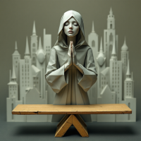 A solemn figure in a hooded robe with hands clasped in prayer stands before a stylized cityscape, embodying the complex nature of justice as highlighted in the quote.