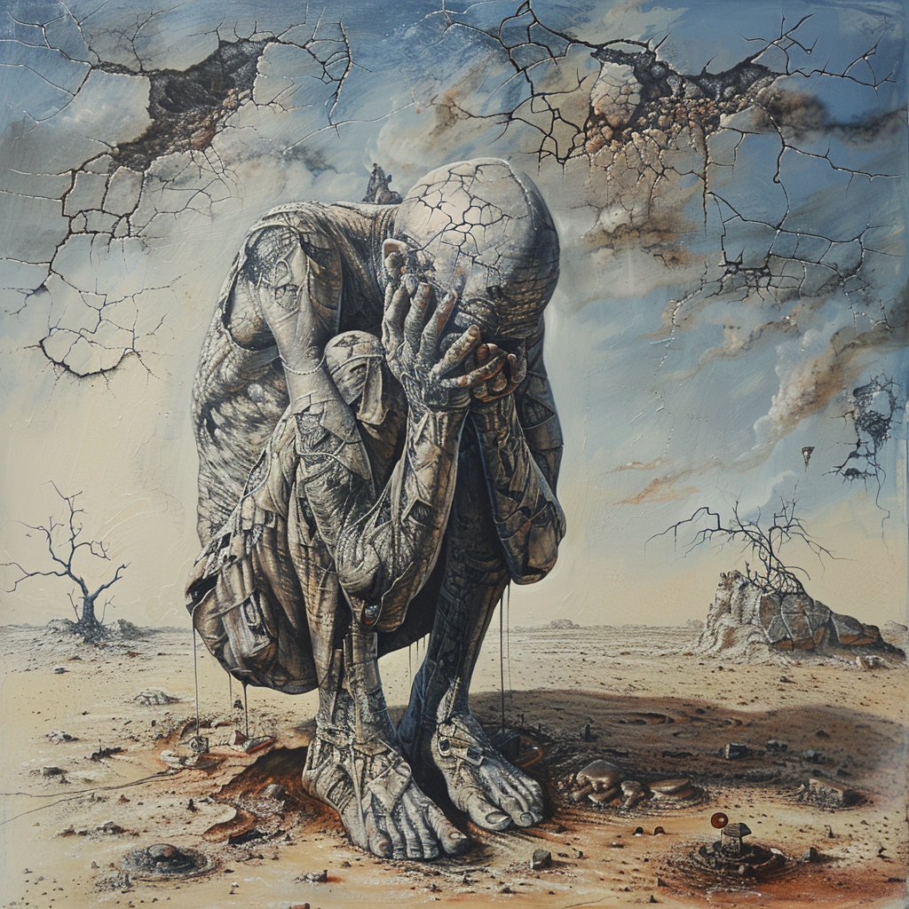 A distressed figure, appearing desolate and weathered like stone, crouches in a barren, cracked landscape. The image captures the anguish described in the quote, He was crushed by poverty.