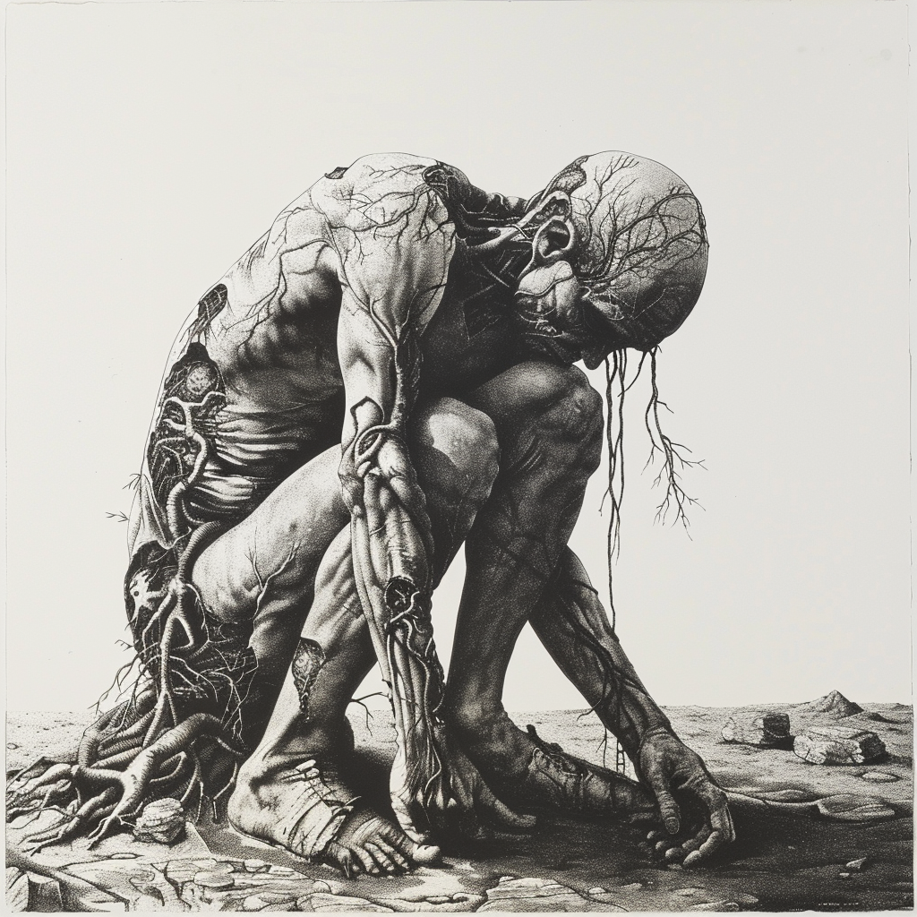 A grayscale image depicts an emaciated figure sitting on the ground, hunched over in despair. The figure's skin appears transparent, revealing twisted muscles and veins, symbolizing being crushed by poverty.