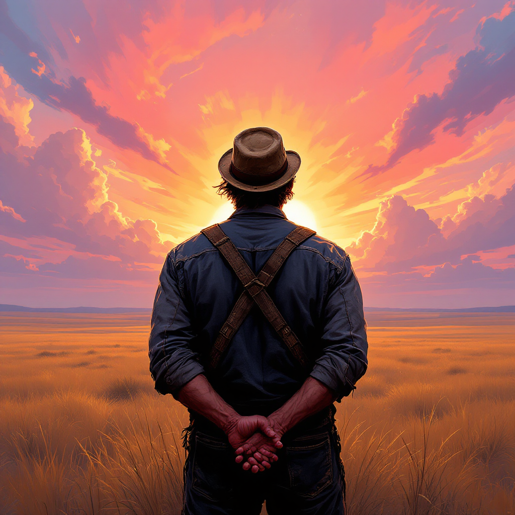 A silhouetted figure in a hat stands with hands clasped behind, gazing at a vibrant sunset over a golden field, embodying the powerful drive of hope.