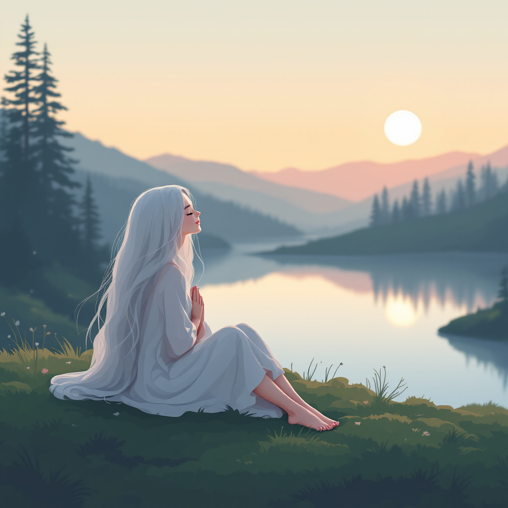 A serene figure in a flowing white dress sits by a tranquil river at sunset, embodying the quote about beauty felt with the heart, surrounded by lush trees and gentle hills.