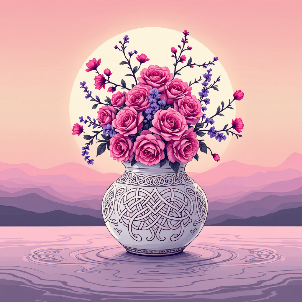 A beautifully crafted vase filled with vibrant pink roses and delicate purple flowers sits against a serene sunset background, embodying the quote, Love is the greatest weapon.