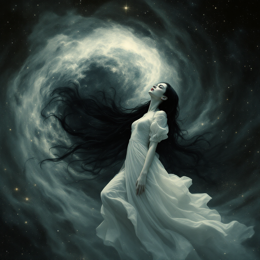 A haunting figure in a flowing white dress floats amidst swirling clouds and stars, evoking the somber essence of loss, reflecting the sentiment of a mother's passing.