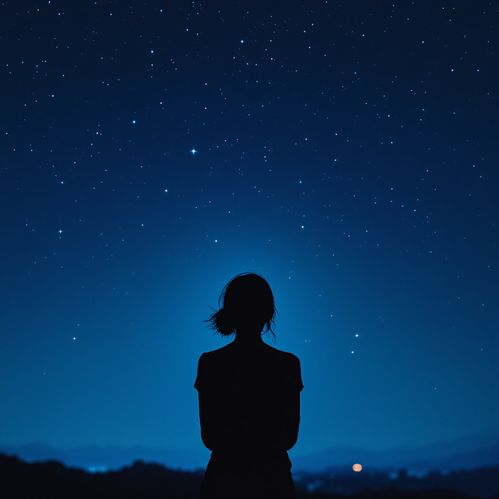 A silhouetted figure stands against a starry night sky, embodying the sentiment of independence from the quote, I am no longer my sister’s keeper; I am my own.