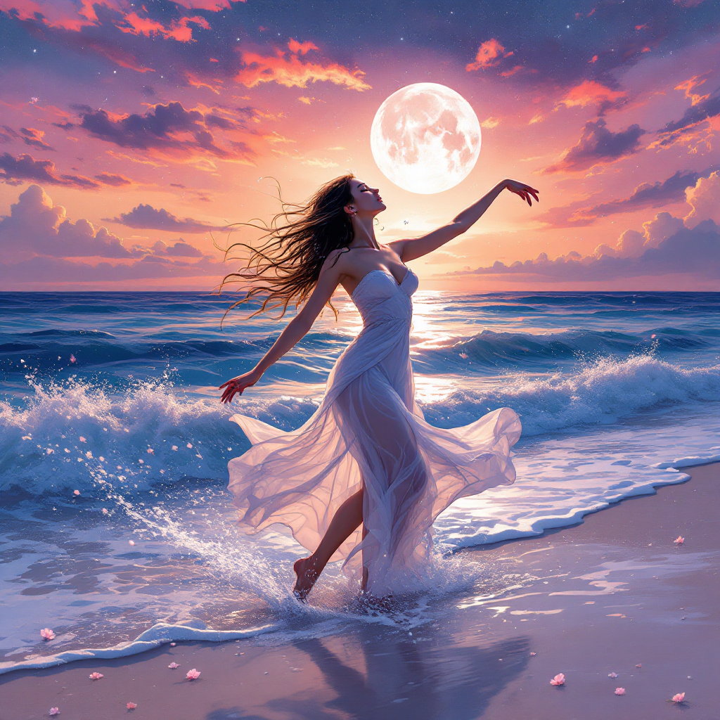 A woman in a flowing white dress dances gracefully along the shoreline, illuminated by a full moon under a vibrant sunset, embodying the quote, The dance is a poem of which each movement is a word.