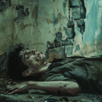 A man lies on the ground in a dilapidated, crumbling room, his face and clothes dirty and torn, illustrating the quote, He was crushed by poverty.