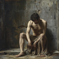 A gaunt man sits hunched over in a dimly lit, dilapidated room, his tattered clothes barely covering him, embodying the essence of being crushed by poverty.