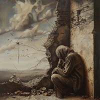 A person in tattered clothes crouches beside a crumbling wall, head bowed in despair. The background depicts a desolate landscape with dark clouds, reflecting his state of being crushed by poverty.