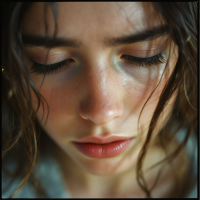 A close-up of a young woman with wet hair and downcast eyes, expressing a poignant moment of introspection and vulnerability, reflecting on the fear of not being enough.