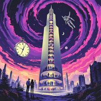 A towering, futuristic skyscraper spirals upward amidst swirling cosmic colors, with a clock and an astronaut floating nearby, embodying the cyclical nature of time and memory.