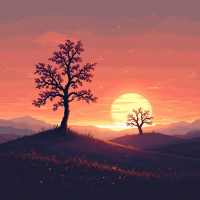 A serene landscape featuring two silhouetted trees against a vibrant sunset, embodying the quote, What is remembered lives; what is forgotten dies. The scene evokes memory and reflection.