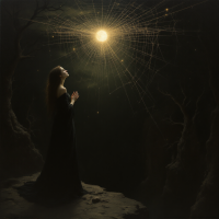 A woman in a flowing black dress gazes upward, hands clasped, towards a radiant light amidst a dark, shadowy landscape, embodying the delicate balance of hope and uncertainty.