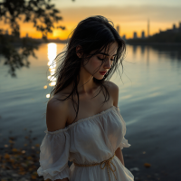 A woman in a flowing white dress stands by a tranquil water's edge at sunset, reflecting on the quote, It is never too late to be what you might have been. The scene conveys a sense of contemplation and possibility.