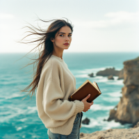 A young woman stands on a cliff by the ocean, holding a book close, her hair blowing in the wind, embodying the quote, The only cure for grief is action.